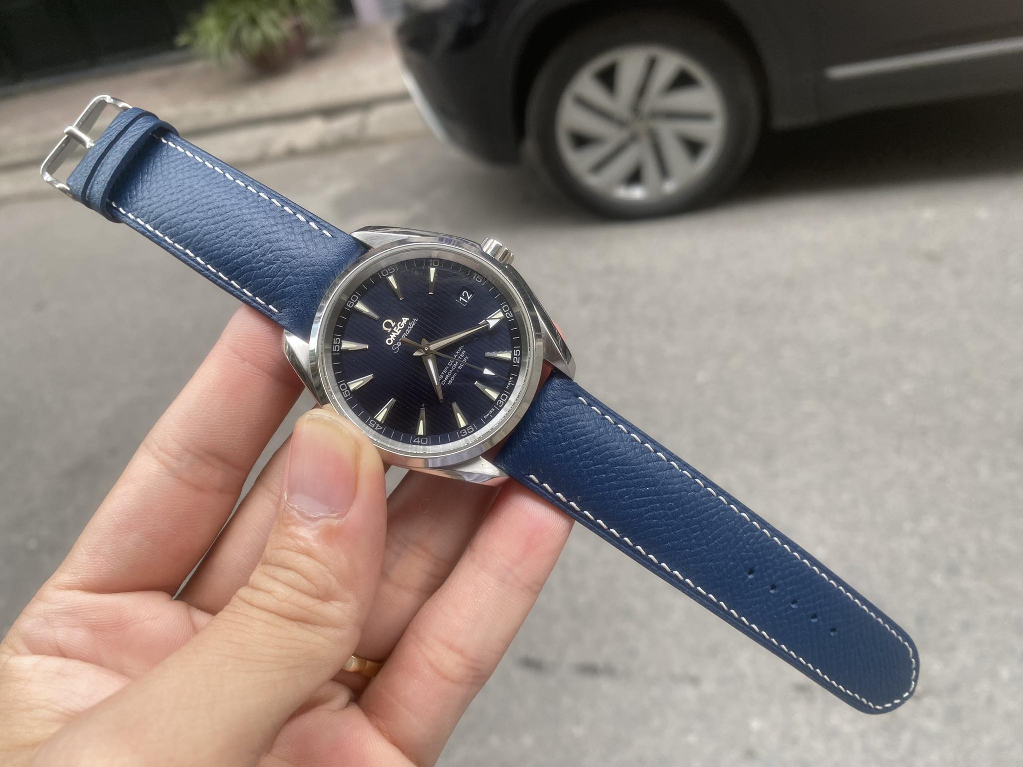 Mẫu dây da bò Epsom Pháp màu xanh navy cho đồng hồ Omega