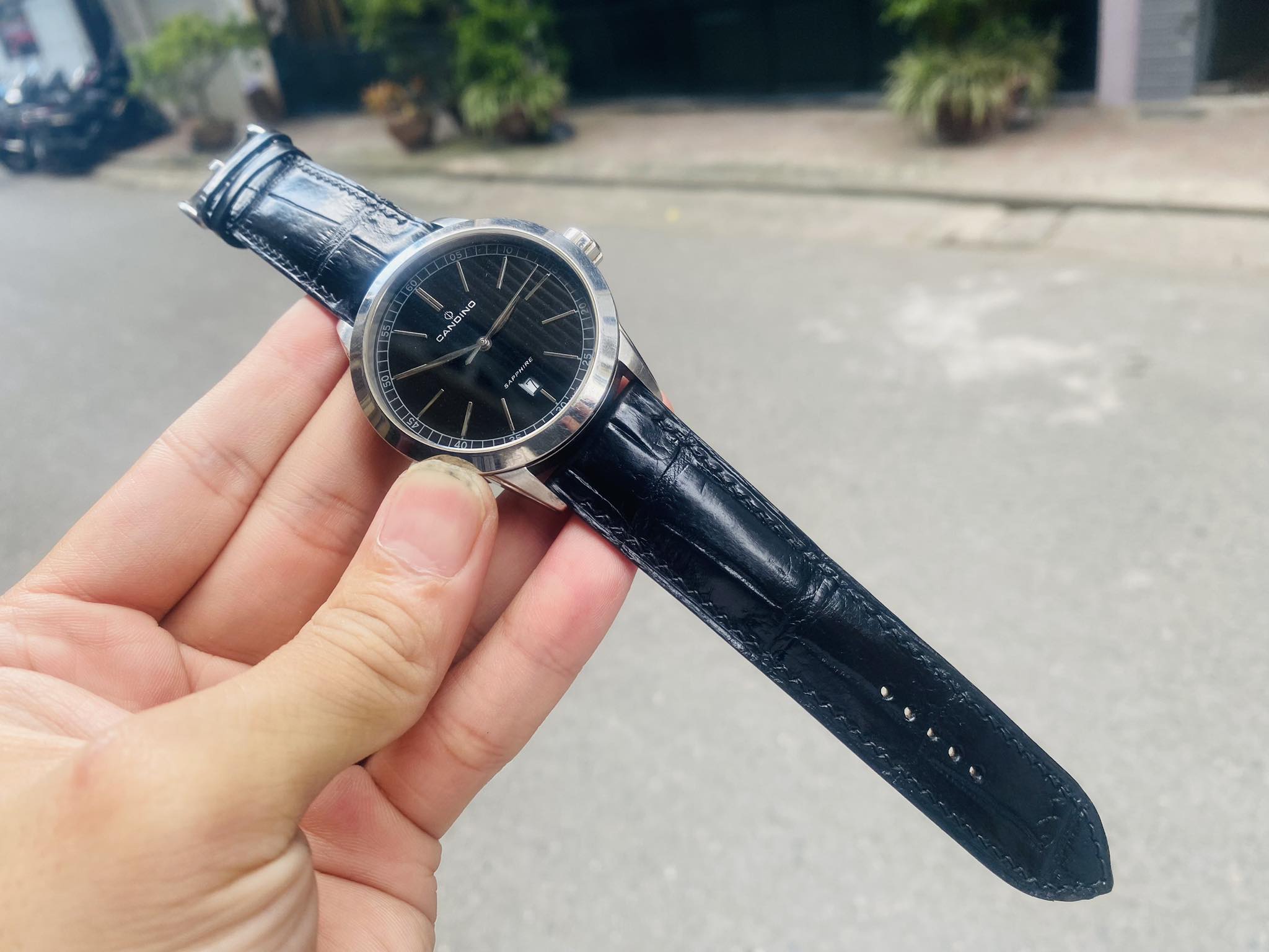 Mẫu dây da cá sấu màu đen cho đồng hồ Candino
