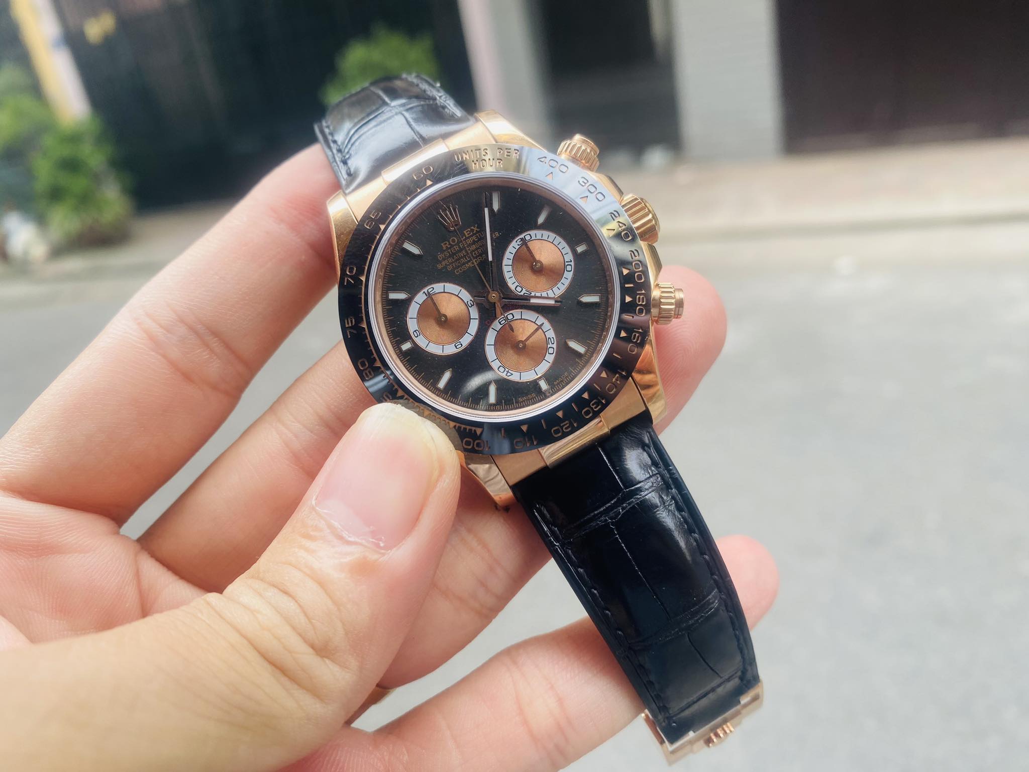 Mẫu dây da cá sấu Pháp màu đen cho đồng hồ Rolex